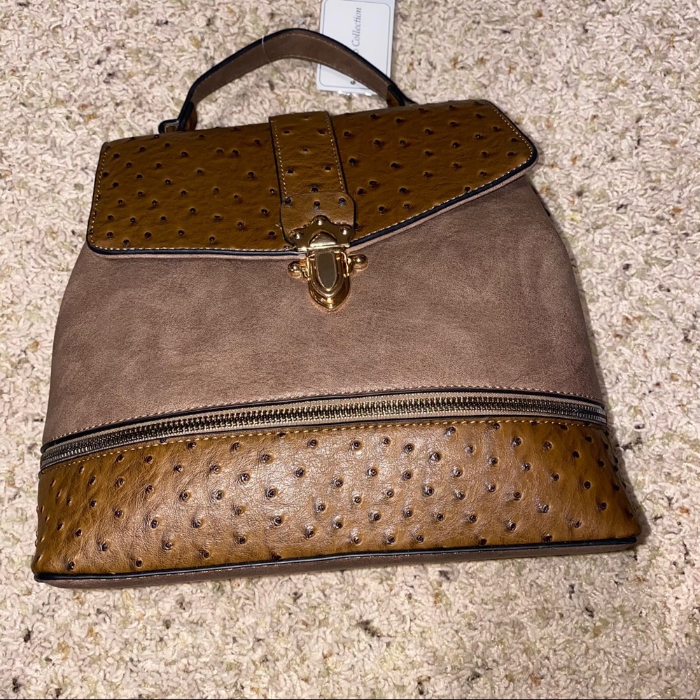 KHAKI OSTRICH VEGAN BACKPACK PURSE - Picture 3 of 10